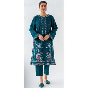 Beechtree Long Tunic Green Shirt Top Artsy‎ Embroidered Floral Size 12/Large